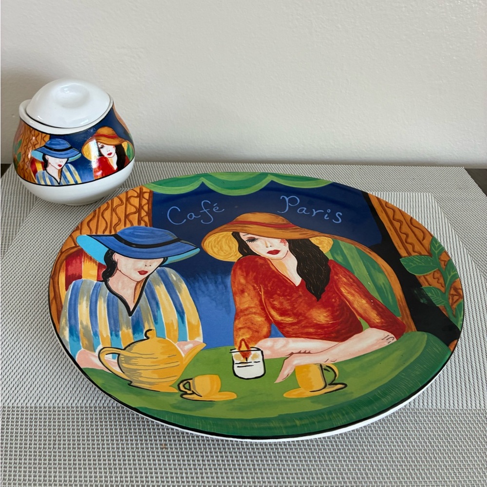 Hand-Painted Café Paris Decorative Plate in Blue,  plate and sugar pot